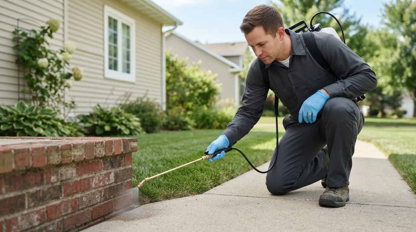 Pest control technician treating a home near Barstow, CA